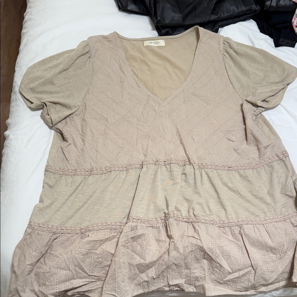 ARULA Beige Textured V-Neck Blouse